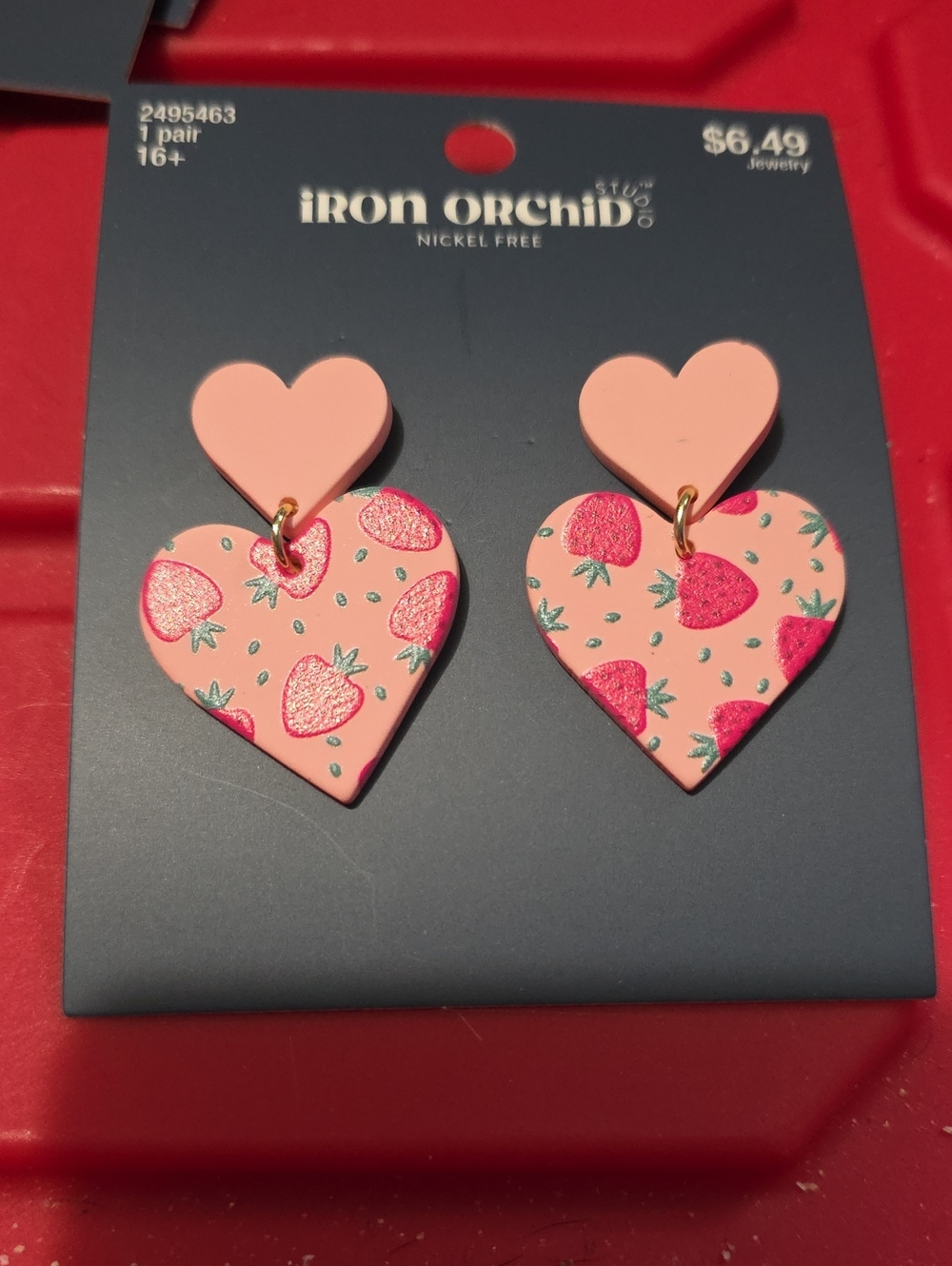 Iron Orchid Pink Strawberry Heart Drop Earrings - Nickel Free